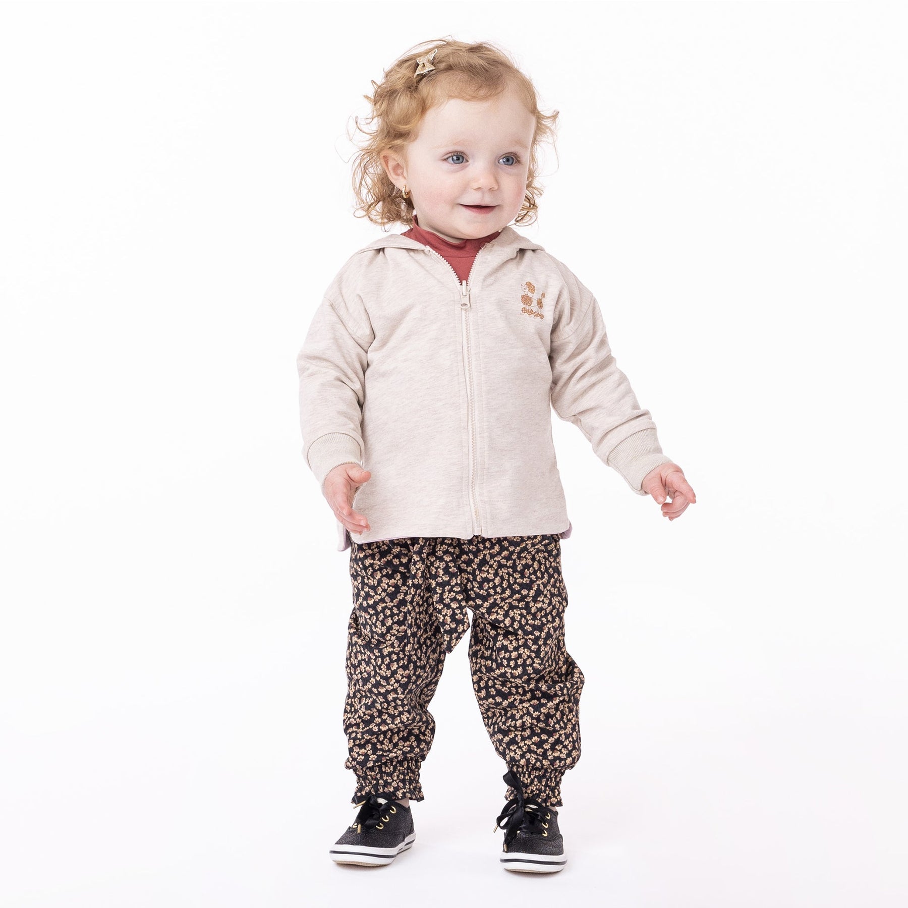 Veste réversible à capuchon pour bébé fille par Nanö | F2352-08 Beige chiné | Boutique Flos, vêtements mode pour bébés et enfants